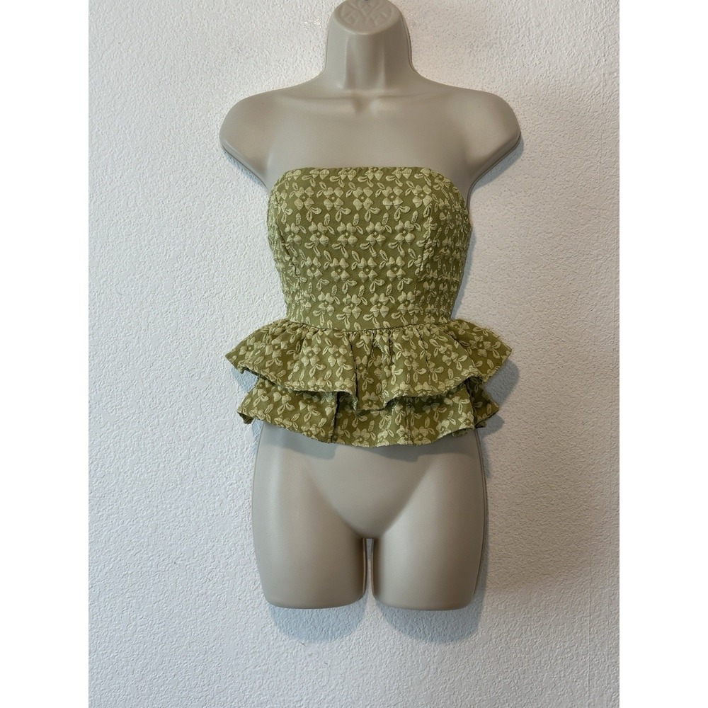 Y2K Sleeveless Green Jacquard Halter Ruffle Crop Top Size S Fairy Boho Coquette